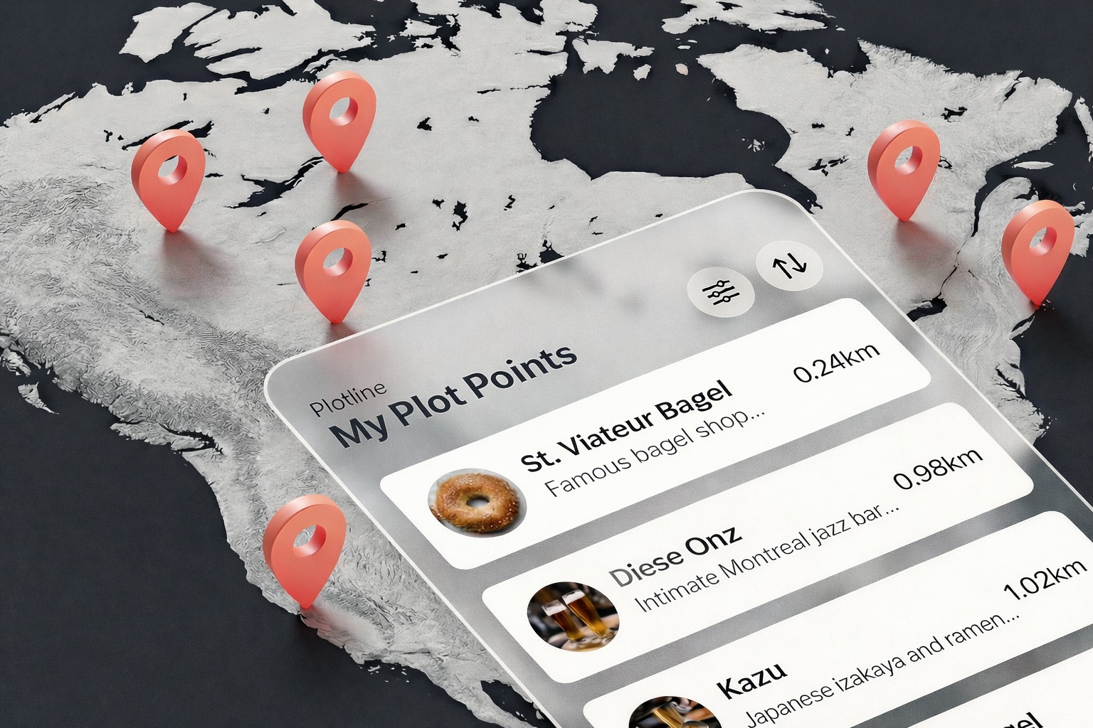 Plotline app showing plot points on a map