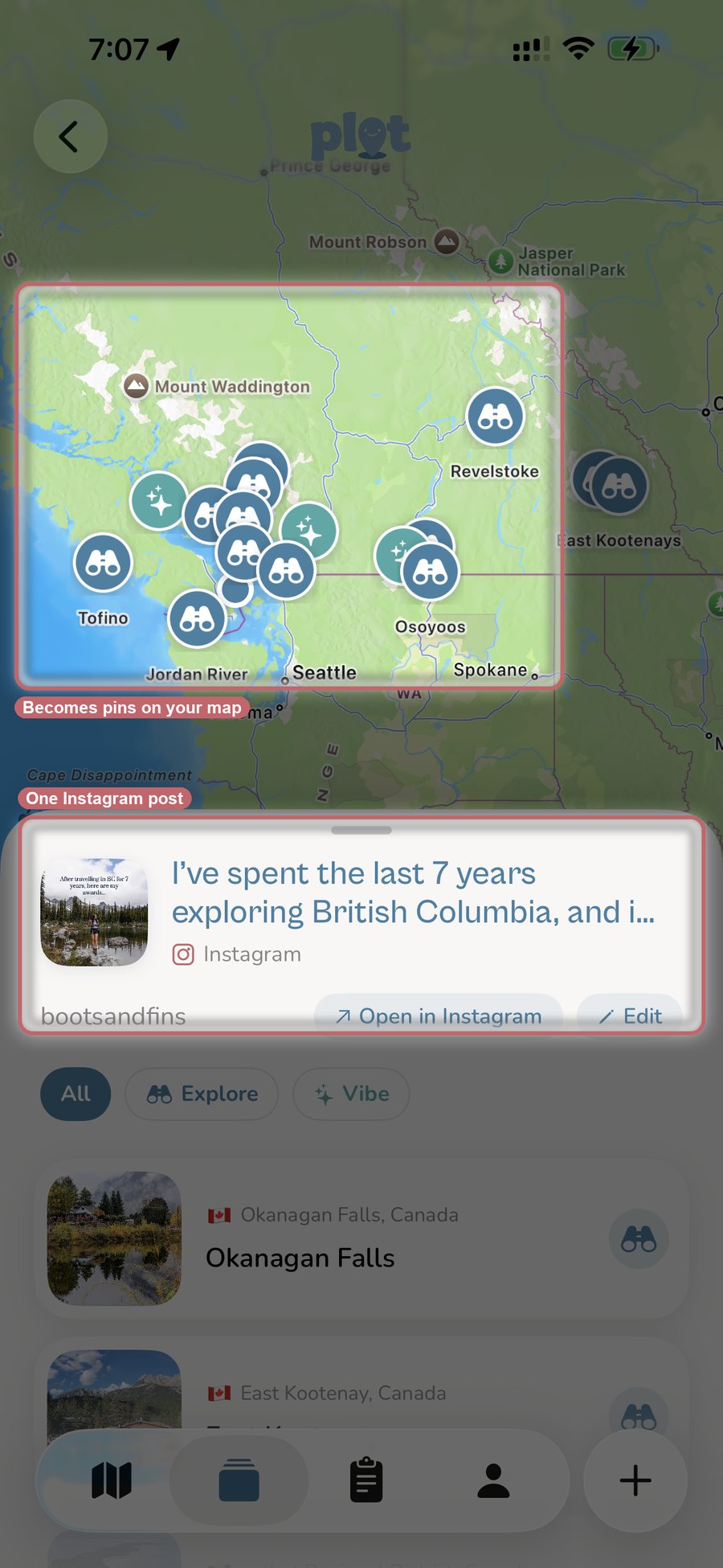 A shared Instagram post about British Columbia turned into a cluster of map pins in Plotline