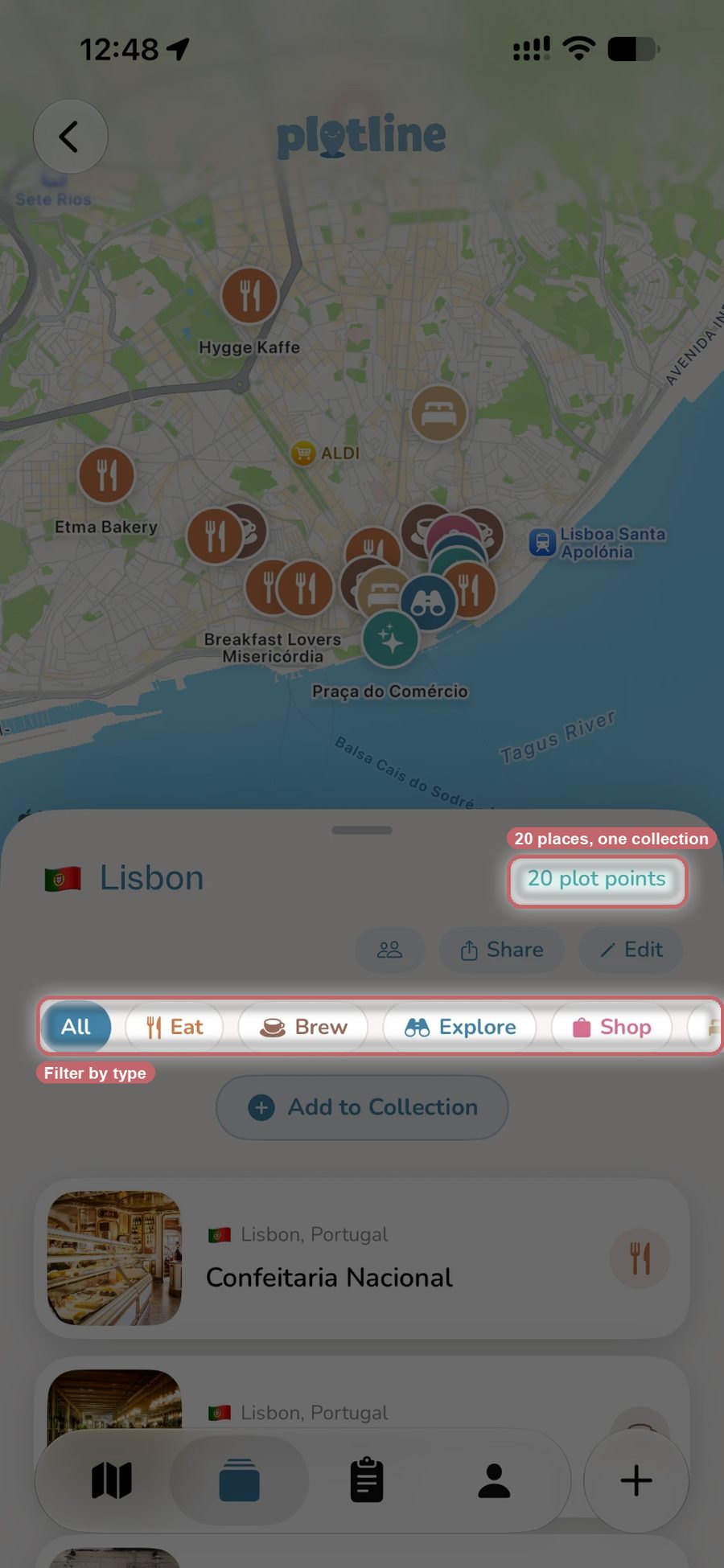 A Plotline collection named Lisbon holding 20 saved places on a map, with filters for eat, brew, explore and shop