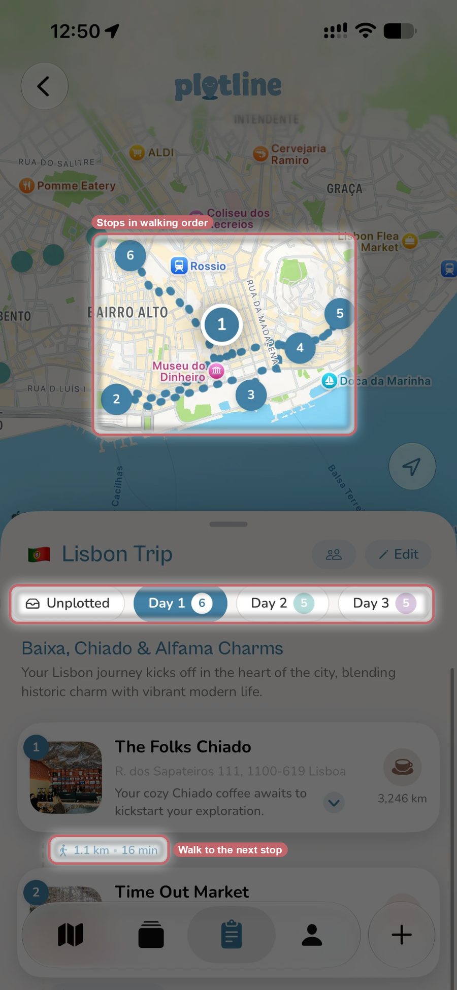 Day 1 of a three-day Lisbon trip in Plotline, with six numbered stops on a walking route