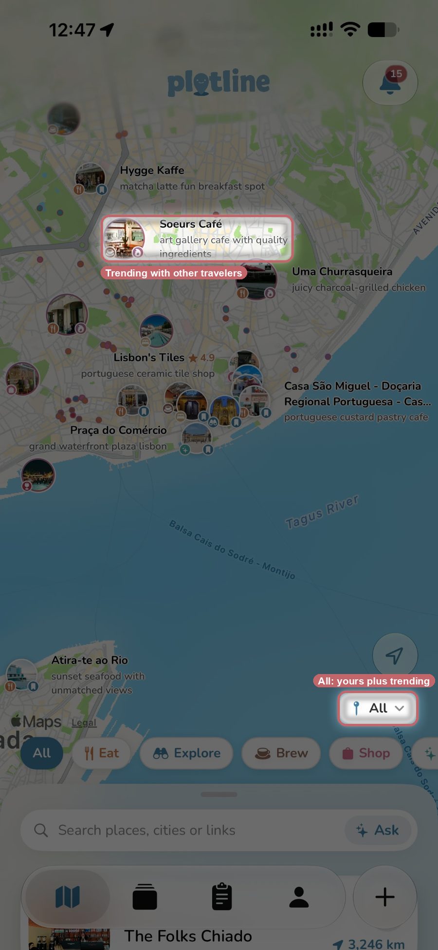 Plotline's map of Lisbon in All view, mixing the user's saved places with places other travelers are saving