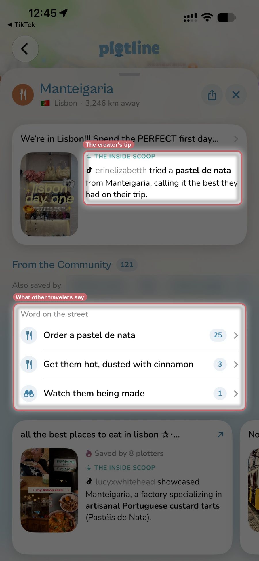 Plotline's page for Manteigaria in Lisbon, showing the creator's tip about its pastel de nata and tips from other travelers