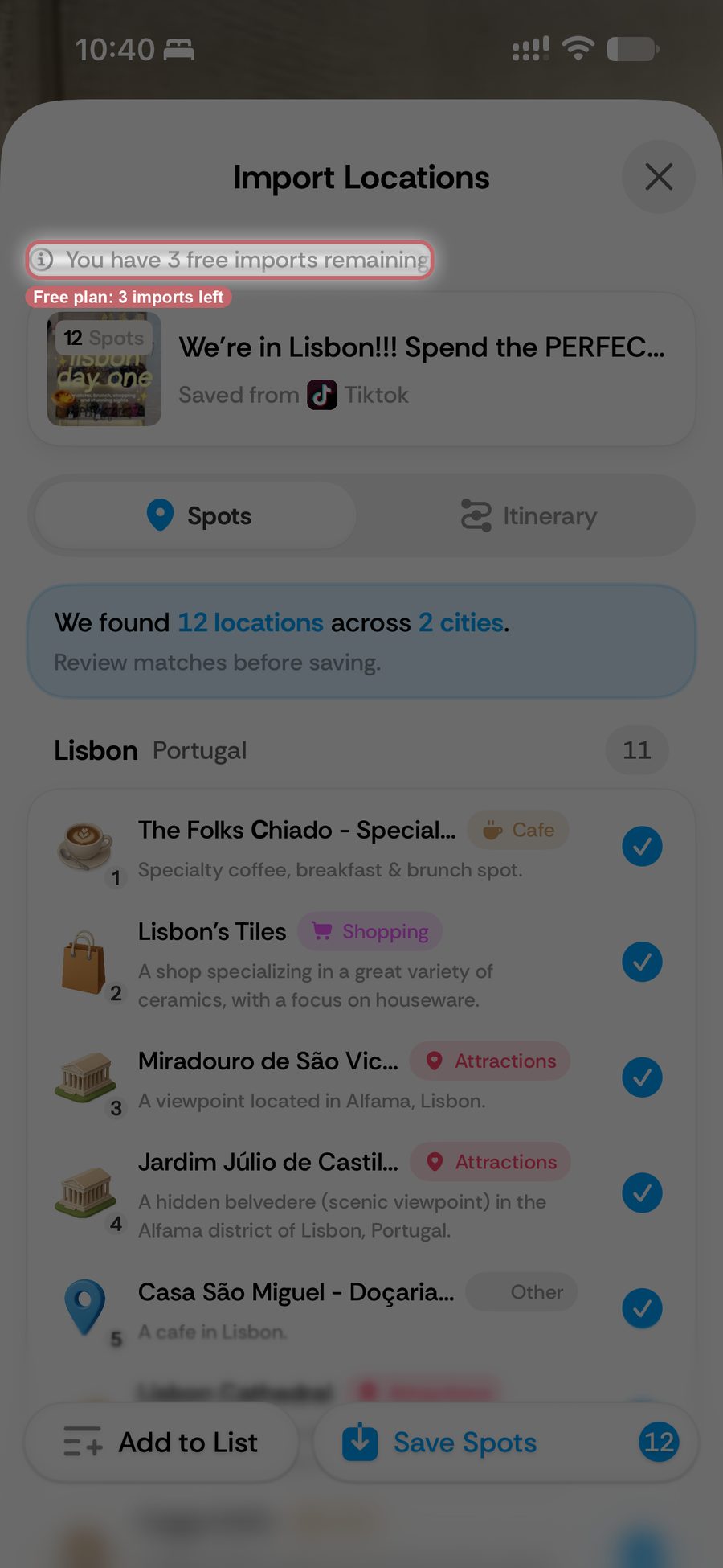 Rhyme's Import Locations screen for the same Lisbon TikTok, reporting 12 locations across 2 cities and 3 free imports remaining