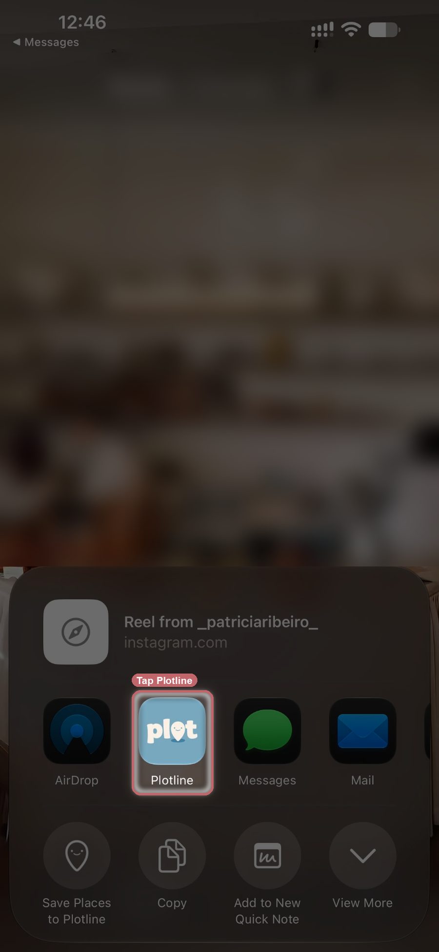 Instagram's share sheet open on a Lisbon café Reel, with Plotline in the row of apps