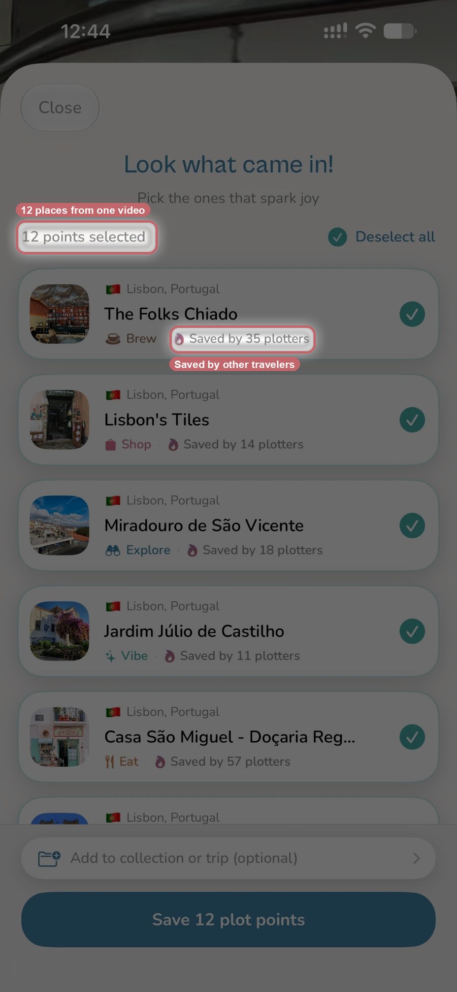 Plotline's import screen listing 12 Lisbon places found in one TikTok, each showing how many other travelers saved it